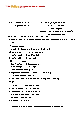 Đề kiểm tra cuối học kì I Tiếng anh lớp 6 - Năm học 2015-2016 - Phòng GD & ĐT huyện Sơn Dương